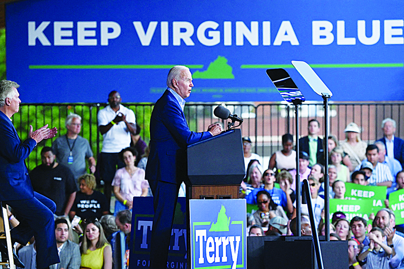ARLINGTON: US President Joe Biden speaks during a campaign event for Virginia gubernatorial candidate Terry McAuliffe at Lubber Run Park, Arlington, Virginia on July 23, 2021. – AFPn