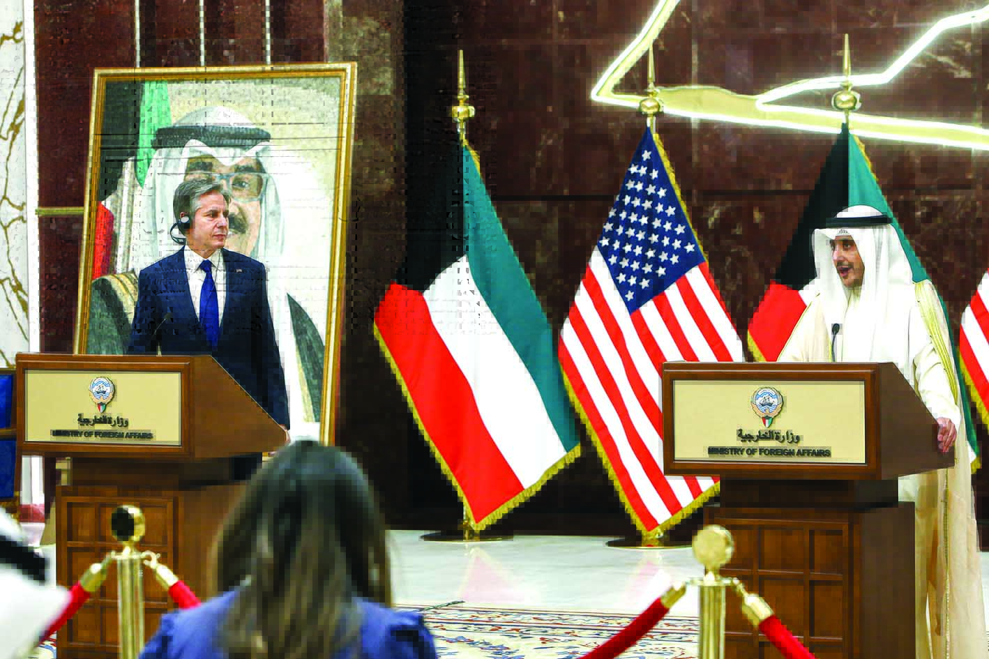 KUWAIT: Kuwaiti Foreign Minister Sheikh Ahmad Nasser Al-Mohammad Al-Sabah speaks during a joint press conference with US Secretary of State Antony Blinken at Kuwait's foreign ministry headquarters in Kuwait City yesterday. - Photo by Yasser Al-Zayyatn