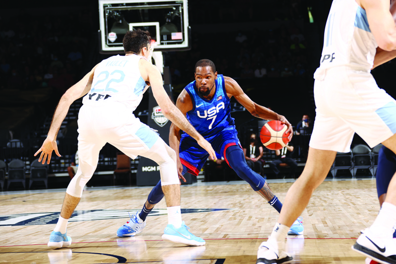 LAS VEGAS: Kevin Durant #7 of the USA Men's National Team handles the ball during the game against the Argentina Men's National Team on Tuesday at Michelob ULTRA Arena in Las Vegas, Nevada. - AFPn