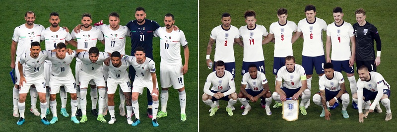 LONDON: A combination of file pictures shows Italy's players (left) in Rome on June 11, 2021 and England's players in Rome on July 3, 2021. - AFPnn