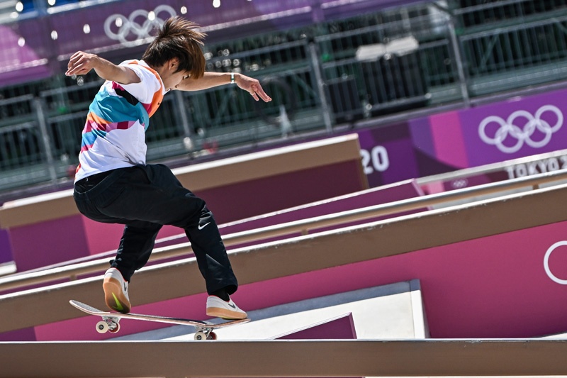 TOKYO: Japan's Yuto Horigome competes in the men's street final during the Tokyo 2020 Olympic Games at Ariake Sports Park Skateboarding in Tokyo yesterday. - AFPn