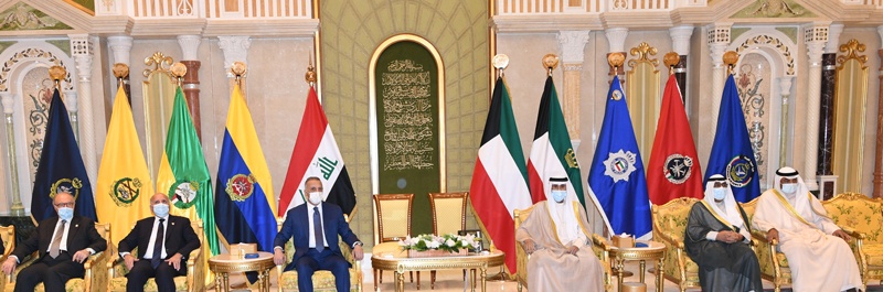 KUWAIT: His Highness the Amir Sheikh Nawaf Al-Ahmad Al-Jaber Al-Sabah meets Iraqi Prime Minister Mustafa Al-Kadhemi at Bayan Palace yesterday. - Amiri Diwan photo