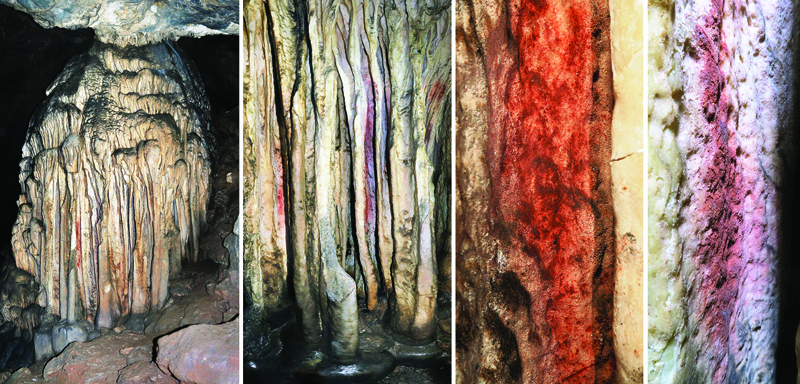 In this file photo this combination of pictures shows a general view and close-up of a partly coloured stalagmite tower in the Spanish cave of Ardales, southern Spain. — AFP n