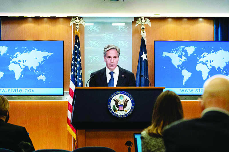WASHINGTON: US Secretary of State Antony Blinken speaks about Afghanistan during a media briefing at the State Department in Washington, DC.—AFPn