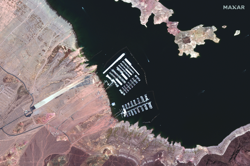This handout satellite image released by Maxar Technologies shows the Hemenway harbor boat launch on lake Mead by Hoover Dam yesterday.-AFPn