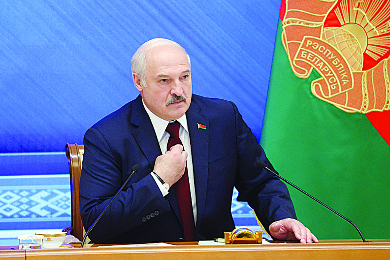 MINSK: Belarus' President Alexander Lukashenko speaks during a press conference yesterday. - AFP n
