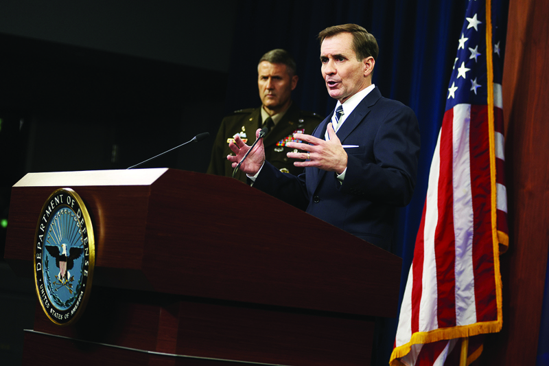 ARLINGTON, US: John Kirby (right) and Army Major General William Taylor participate in a news briefing at the Pentagon in this August 23 file photo.-AFPn
