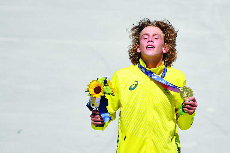 TOKYO: Gold medalist Australia's Keegan Palmer poses on the podium of the men's park final during the Tokyo 2020 Olympic Games at Ariake Sports Park Skateboarding in Tokyo yesterday. - AFPn