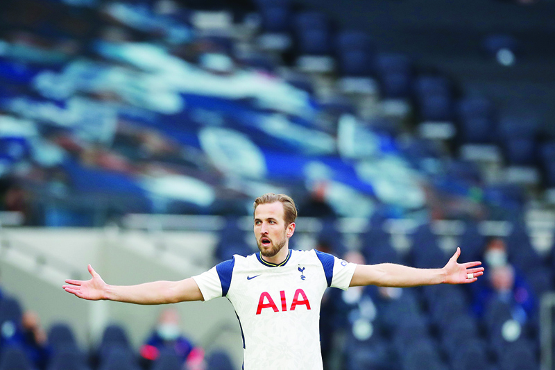 LONDON: In this file photo taken on May 19, 2021, Tottenham Hotspur's English striker Harry Kane reacts during the English Premier League football match between Tottenham Hotspur and Aston Villa at Tottenham Hotspur Stadium in London. - AFPn