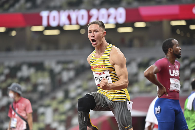 TOKYO: Germany's Felix Streng celebrates his victory in the men's 100m (T64) athletics final during the Tokyo 2020 Paralympic Games at the Olympic Stadium in Tokyo yesterday. – AFPn