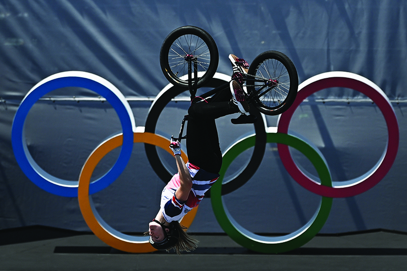 TOKYO: Britain's Charlotte Worthington competes in the cycling BMX freestyle women's park final at the Ariake Urban Sports Park during the Tokyo 2020 Olympic Games in Tokyo yesterday. - AFPn