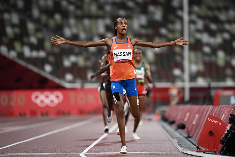 TOKYO: Netherlands' Sifan Hassan wins the women's 5000m final during the Tokyo 2020 Olympic Games at the Olympic Stadium in Tokyo on yesterday. – AFPn
