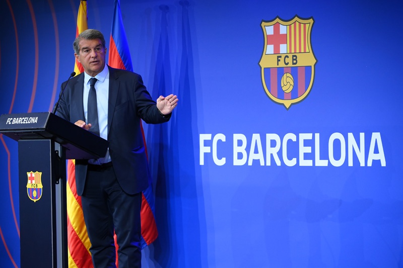 BARCELONA: President of FC Barcelona Joan Laporta gestures during a press conference at the Camp Nou stadium in Barcelona yesterday. - AFPn