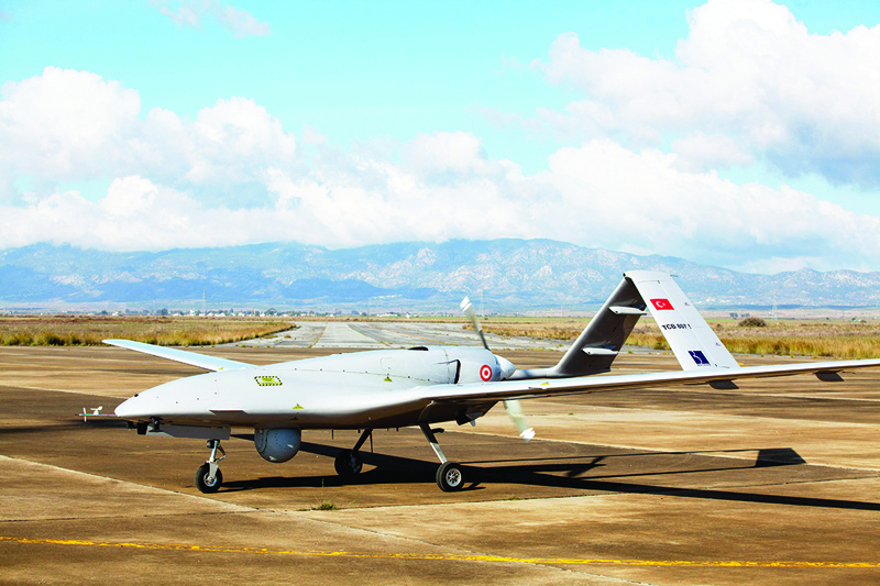 LEFKONOIKO:  In this file photo, the Turkish-made Bayraktar TB2 drone is pictured at Gecitkale military airbase near Famagusta in the self-proclaimed Turkish Republic of Northern Cyprus (TRNC).  - AFP n