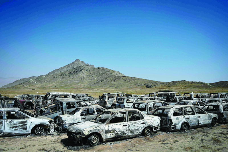 KABUL: Damaged and discarded vehicles parked near the destroyed Central Intelligence Agency (CIA) base in Deh Sabz district northeast of Kabul after the US pulled all its troops out of the country. - AFP n