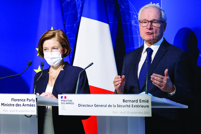 PARIS: (Left to right) French Defense minister Florence Parly and head of the directorate general for external security (DGSE) Bernard Emie give a press conference, yesterday in Paris about the operation by French troops that led to the killing of the head of IS in the Greater Sahara.-AFPn