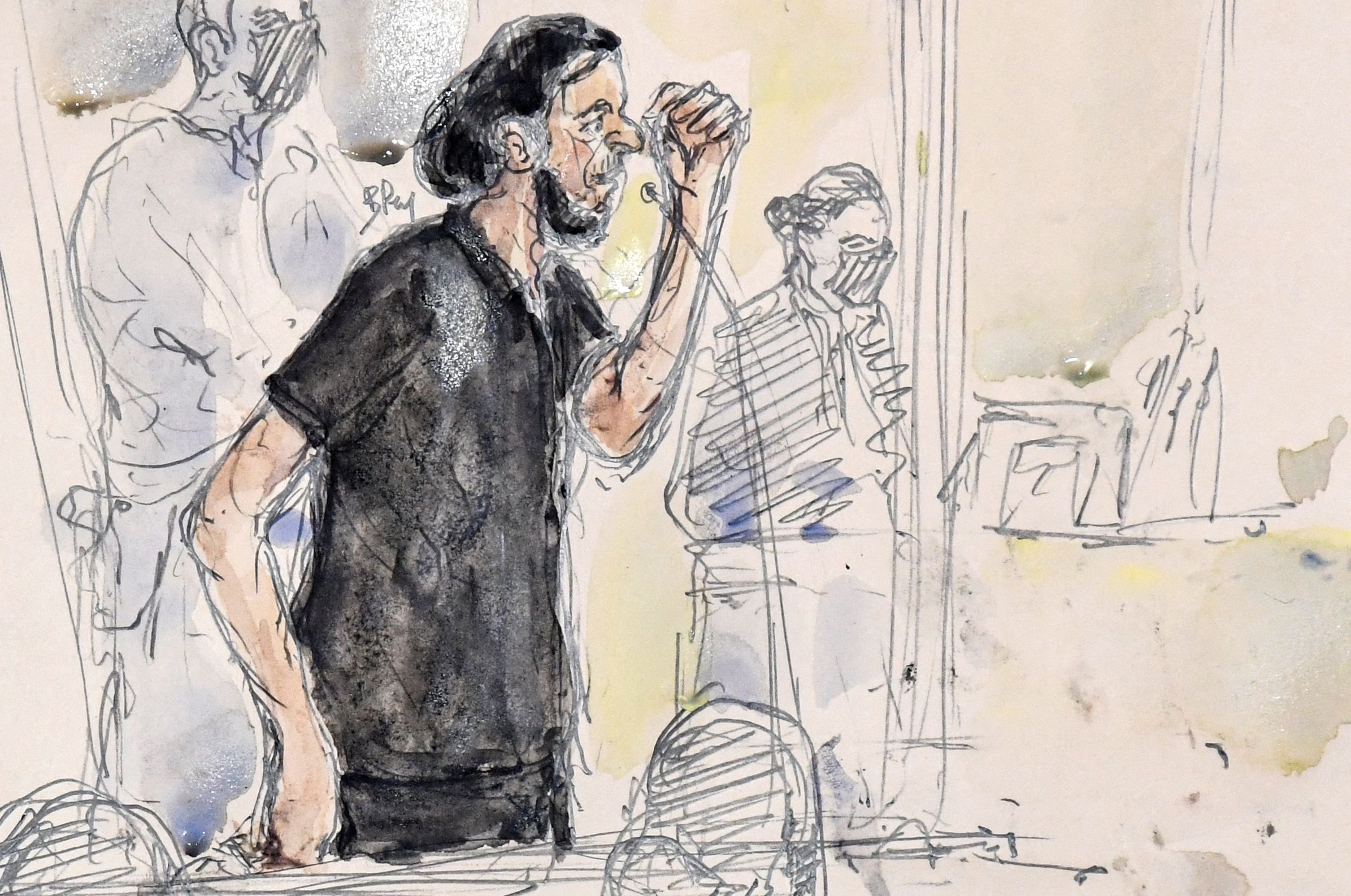 PARIS: This court sketch made yesterday shows Salah Abdeslam, the last surviving member of the jihadist cell of the Nov 2015 Paris attacks, during the first day of trial. – AFP n