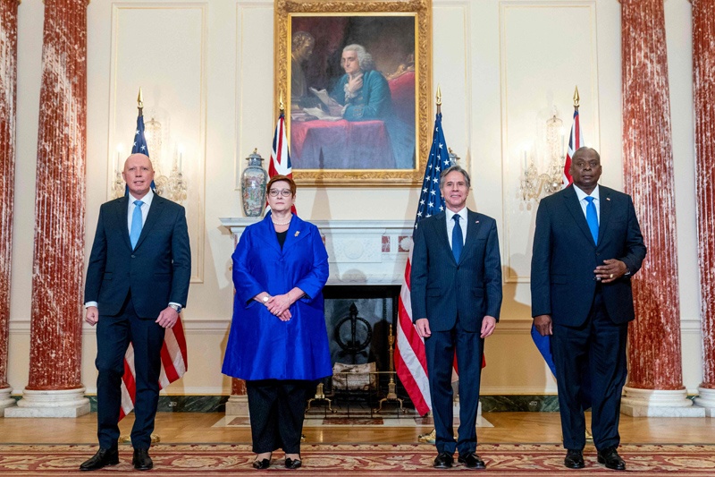WASHINGTON: Australian Defense Minister Peter Dutton, Foreign Minister Marise Payne, US Secretary of State Antony Blinken and Defense Secretary Lloyd Austin pose for a group photograph at the State Department on Sept 16, 2021. – AFP n