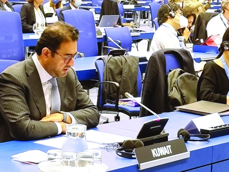VIENNA: Kuwait's deputy permanent representative to the International Atomic Energy Agency Abdullah Al-Obaidi speaks during a meeting over Iran's nuclear program. - KUNAn