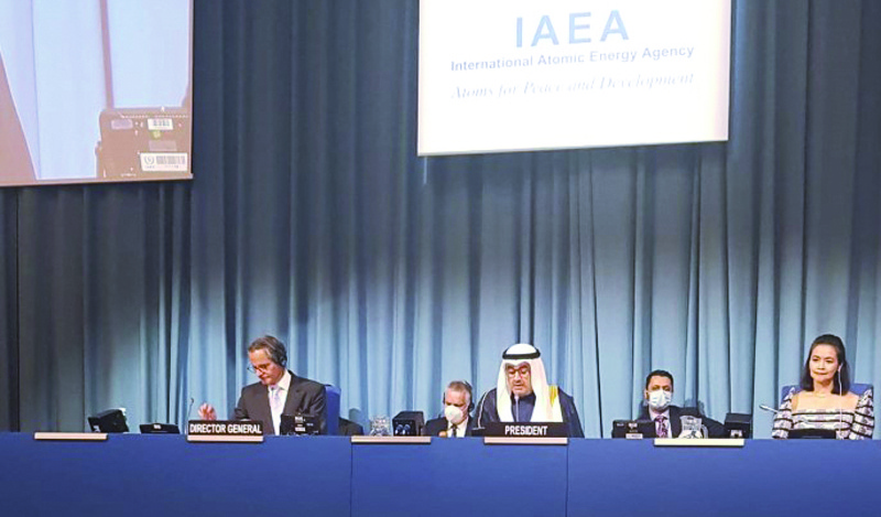 VIENNA: Kuwait's Ambassador to Austria and its Permanent Representative at International Organizations Sadiq Marafi speaks while chairing the 65th session of the International Atomic Energy Agency General Conference yesterday. - KUNAn