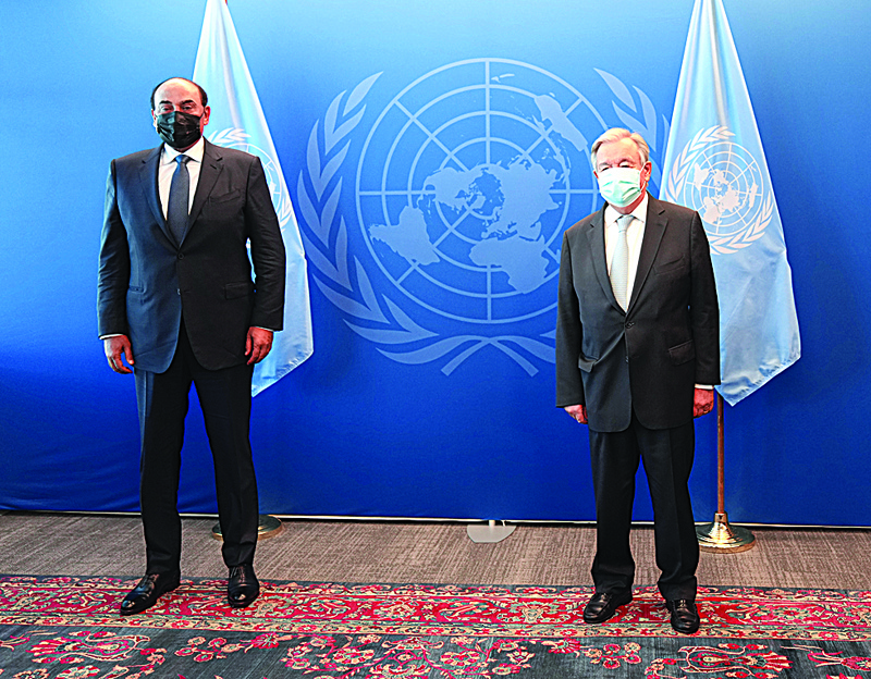 NEW YORK: His Highness the Prime Minister Sheikh Sabah Al-Khaled Al-Hamad Al-Sabah (left) meets UN Secretary General Antonio Guterres. - KUNAn