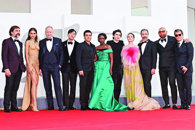 (From left) Spanish actor Javier Bardem, US actress Zendaya, Swedish actor Stellan Skarsgard, Taiwanese actor Chang Chen, US actor Oscar Isaac, Britih actress Sharon Duncan-Brewster, French US actor Timothee Chalamet, Swedish actress Rebecca Ferguson, Canadian director Denis Villeneuve, US actor Dave Bautista and US actor Josh Brolin arrive for the screening of the film “Dune” presented out of competition during the 78th Venice Film Festival at Venice Lido.—AFPn