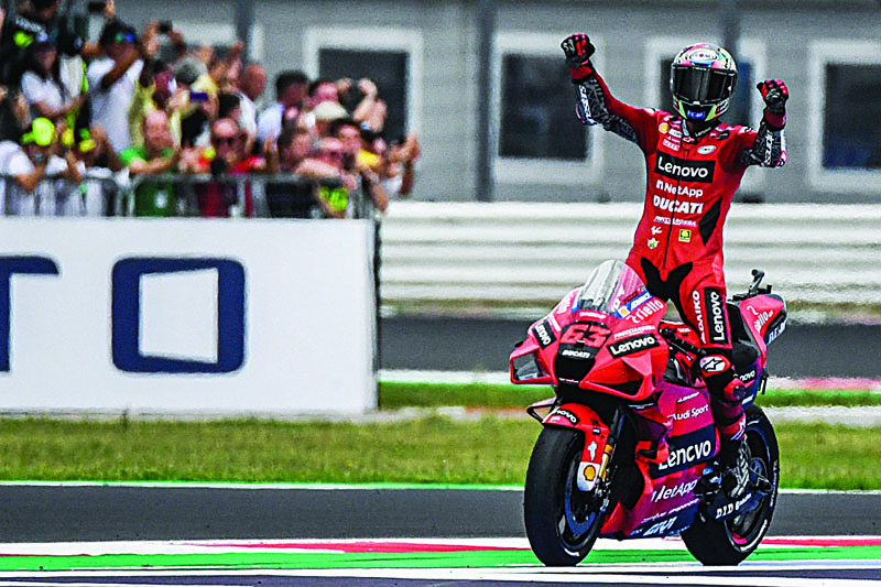 MISANO ADRIATICO, Italy: Race winner Ducati Italian rider Francesco Bagnaia celebrates after winning the San Marino MotoGP Grand Prix at the Misano World Circuit Marco-Simoncelli yesterday in Misano Adriatico, Italy. - AFPn