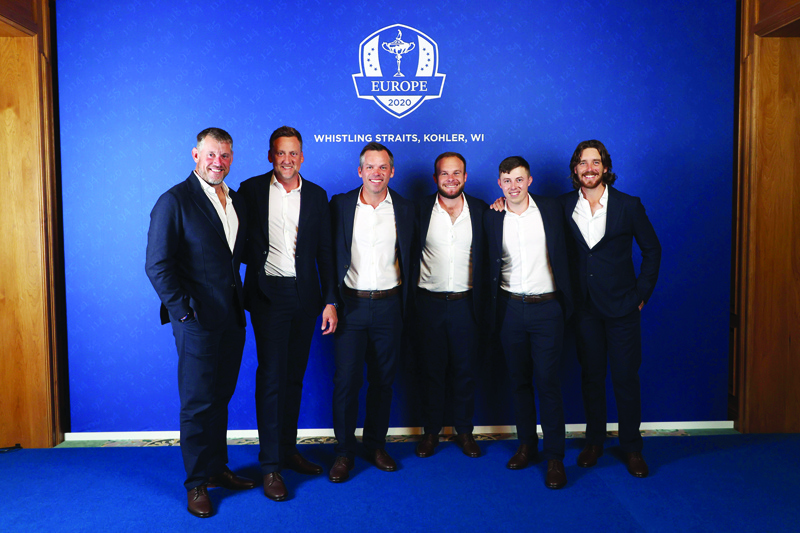 KOHLER, Wisconsin: Lee Westwood, Ian Poulter, Paul Casey, Tyrrell Hatton, Matthew Fitzpatrick and Tommy Fleetwood of England and team Europe pose for a photo during the Team Europe Gala Dinner prior to the 43rd Ryder Cup at The American Club on Wednesday. - AFP nn