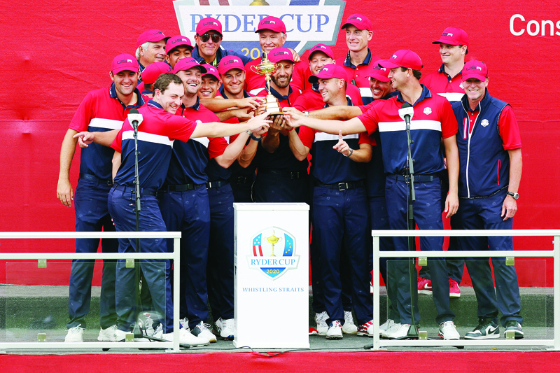 KOHLER: Team United States celebrates with the Ryder Cup after defeating Team Europe 19 to 9 during Sunday Singles Matches of the 43rd Ryder Cup at Whistling Straits on Sunday in Kohler, Wisconsin. - AFPn