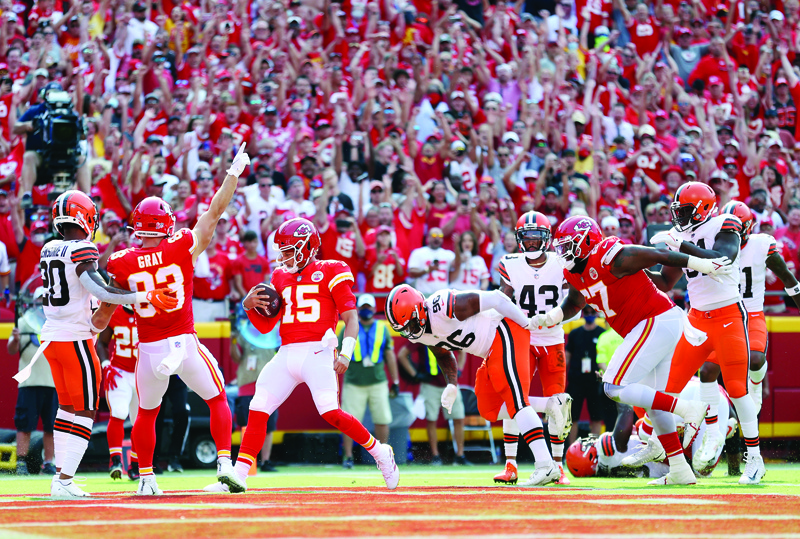 KANSAS CITY: Quarterback Patrick Mahomes #15 of the Kansas City Chiefs carries the ball into the end zone for a touchdown during the game against the Cleveland Browns at Arrowhead Stadium on Sunday in Kansas City, Missouri. - AFPn