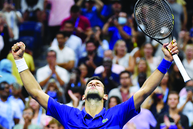 NEW YORK: Serbia's Novak Djokovic celebrates his win over USA's Jenson Brooksby during their 2021 US Open Tennis tournament men's singles fourth round match at the USTA Billie Jean King National Tennis Center in New York, on Monday. - AFPn