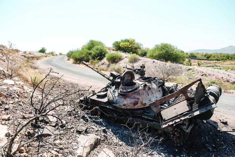HUMERA: A damaged tank stands abandoned on a road near Humera, Ethiopia. - AFP n