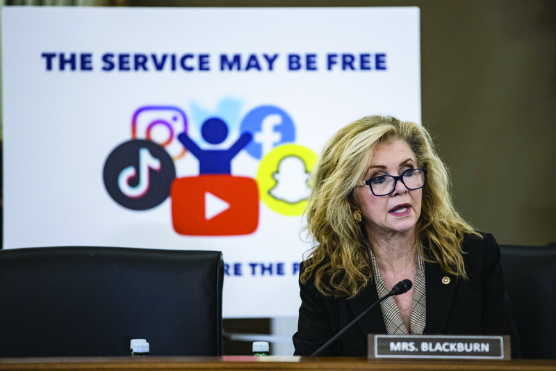 WASHINGTON: Ranking Member Sen Marsha Blackburn (R-TN) speaks during a Senate Subcommittee on Consumer Protection, Product Safety, and Data Security hearing on Protecting Kids Online: Snapchat, TikTok, and YouTube in Washington, DC. - AFP n