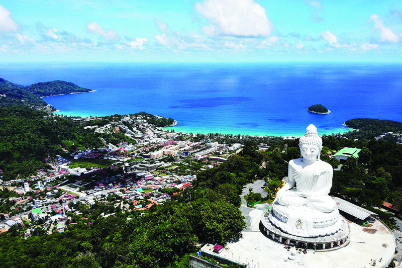 This file photo shows an aerial view of the Big Buddha and Kata Beach, a day before the “Phuket Sandbox” tourism scheme that allows visits by people vaccinated against the COVID-19 coronavirus is set to launch.—AFP photosn
