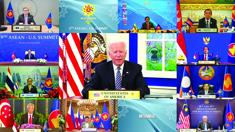 nBANDAR SERI BEGAWAN: This handout photo released by the host broadcast, ASEAN Summit 2021 shows US President Joe Biden (center) taking part in the ASEAN-US Summit on the sidelines of the 2021 Association of Southeast Asian Nations (ASEAN) summits held online on a live video conference in Bandar Seri Begawan, Brunei. - AFP n