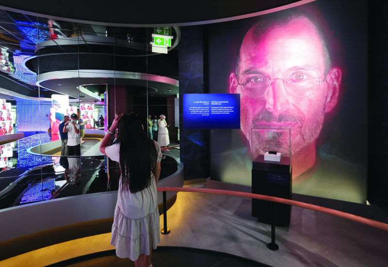DUBAI: A picture shows an image of Apple founder and late CEO Steve Jobs in the interior of the US pavilion at the Dubai Expo 2020, on Friday. - AFPn