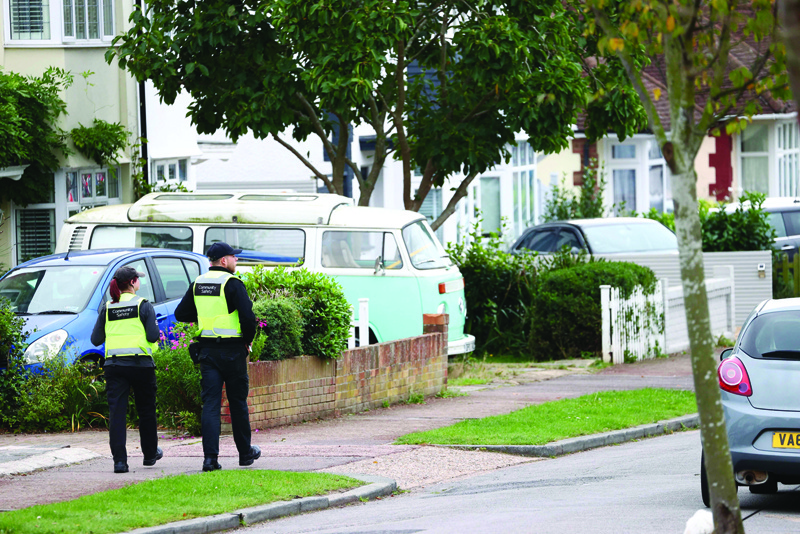LEIGH-ON-SEA: Community Safety officers patrol near the scene of the fatal stabbing of British lawmaker David Amess, at Belfairs Methodist Church in Leigh-on-Sea yesterday. - AFP n