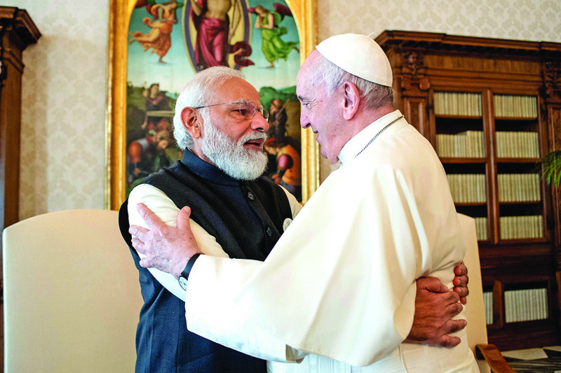 VATICAN CITY: Pope Francis welcomes Indian Prime Minister Narendra Modi during a private audience at The Vatican. - AFP n