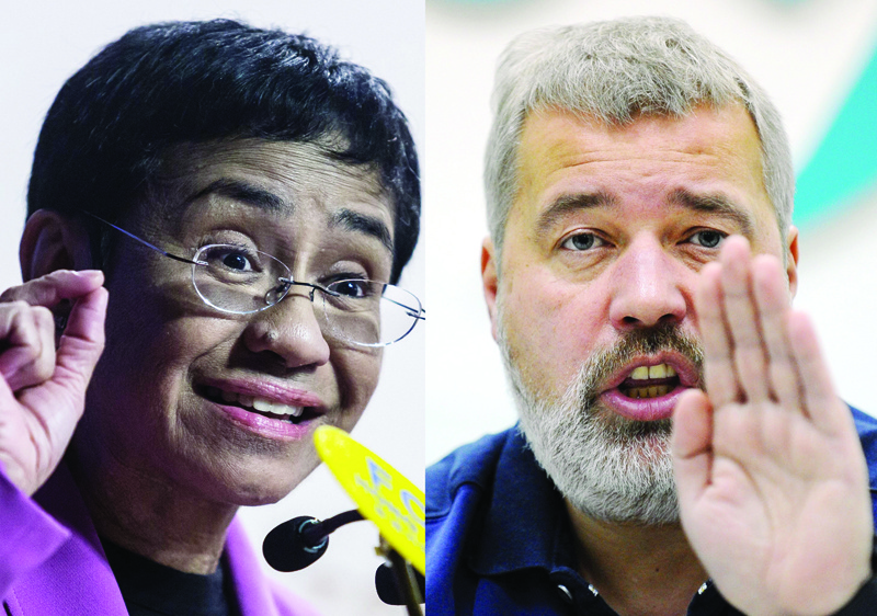 OSLO: This combination of pictures shows Maria Ressa (left), co-founder and CEO of the Philippines-based news website Rappler and Dmitry Muratov, editor-in-Chief of Russia's main opposition newspaper Novaya Gazeta. The Nobel Peace Prize goes to journalists Maria Ressa (Philippines) and Russian Dmitry Muratov, the Nobel Peace Prize committee announced on October 8, 2021 in Oslo. - AFP n