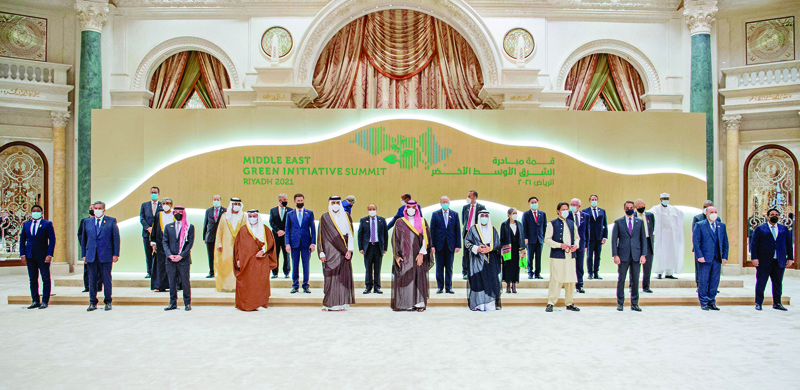 RIYADH: Heads of state and senior officials attending the Middle East Green Initiative Summit (MGI), including HH the Crown Prince of Kuwait Sheikh Mishal Al-Ahmad Al-Jaber Al-Sabah, Saudi Crown Prince Mohammed bin Salman, Amir of Qatar Sheikh Tamim bin Hamad Al-Thani and Pakistani Prime Minister Imran Khan, pose for a group photo yesterday. - AFP n