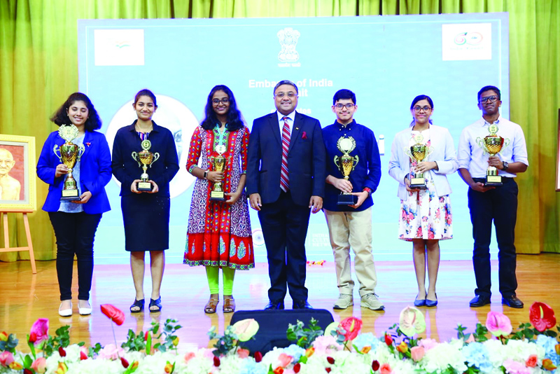 KUWAIT: Indian Ambassador Sibi George with winners of the Ambassador's Cup for the Elocution Competition.nnn