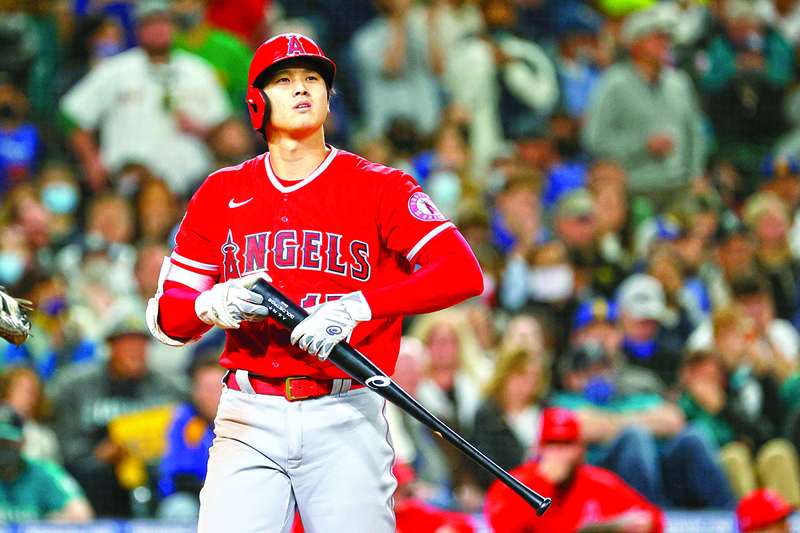 SEATTLE: Shohei Ohtani of the Los Angeles Angels looks on during the game against the Seattle Mariners at T-Mobile Park on October 2, 2021 in Seattle, Washington. - AFPn