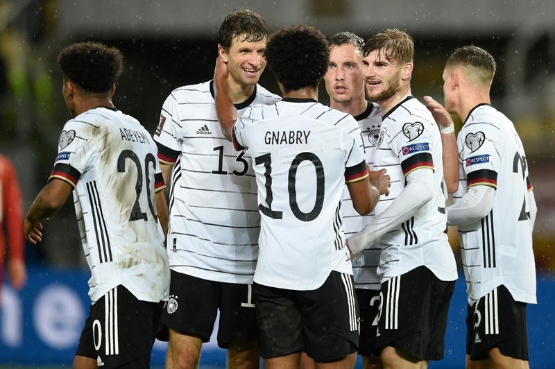 SKOPJE: Germany's forward Timo Werner celebrates scoring his team's second goal during the FIFA World Cup Qatar 2022 qualification Group J football match between North Macedonia and Germany at the Toshe Proeski National Arena in Skopje on Monday. - AFPn