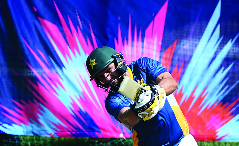 MOHALI: This file photo taken on March 24, 2016 Pakistan's captain Shahid Afridi batting during a training session at the Punjab Cricket Stadium Association Stadium in Mohali, ahead of their World T20 Cricket tournament match against Australia. - AFPnn
