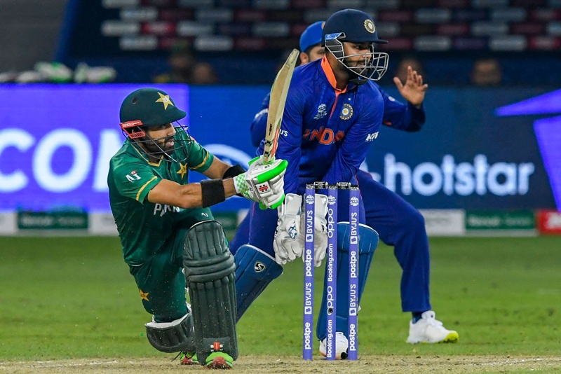 DUBAI: Pakistan's Mohammad Rizwan plays a shot during the ICC men's Twenty20 World Cup cricket match between India and Pakistan at the Dubai International Cricket Stadium yesterday. - AFP n