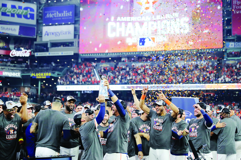 HOUSTON: The Houston Astros celebrate after defeating the Boston Red Sox 5-0 in Game Six of the American League Championship Series to advance to the World Series at Minute Maid Park on Friday in Houston, Texas. - AFPn