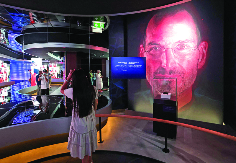 A picture shows an image of Apple founder and late CEO Steve Jobs in the interior of the US pavilion at the Dubai Expo 2020. Expo 2020 opened in Dubai, hoping to attract millions of visitors with its imaginative pavilions and technological advances. - AFP n