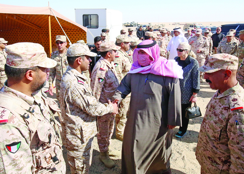 KUWAIT: Minister of Interior and Acting Minister of Defense Sheikh Thamer Ali Al-Sabah greets participants in the 'Gulf Shooting 2021' military exercise. – Photos by Yasser Al-Zayyatn