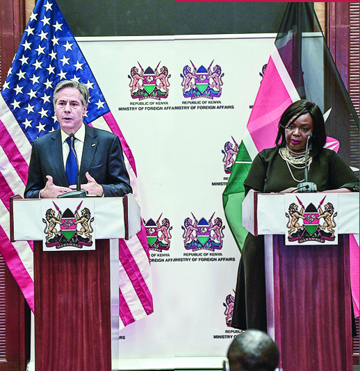 NAIROBI: US Secretary of State Antony Blinken (left) and Kenya's Cabinet Secretary for Foreign Affairs Ambassador Raychelle Omamo speak at a press conference after their bilateral meeting at the Serena Hotel in Nairobi yesterday. – AFP n