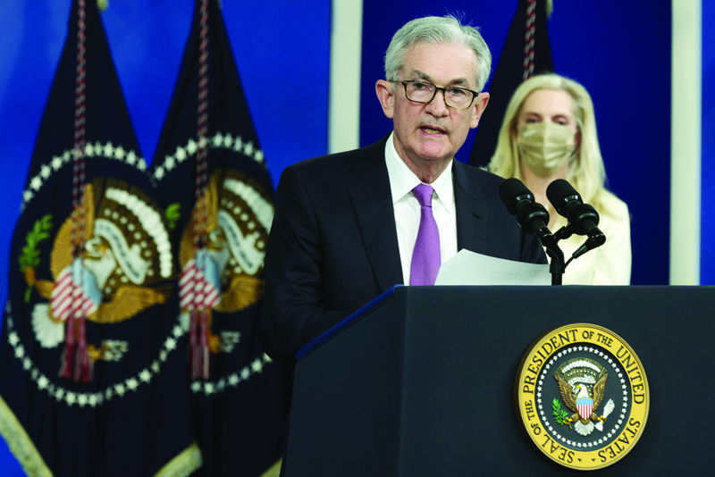 WASHINGTON, DC: Federal Reserve Board Chair Jerome Powell (left) speaks as Lael Brainard (right) listens during an announcement at the South Court Auditorium of Eisenhower Executive Office Building in this November 22, 2021 file photo.-AFPnn